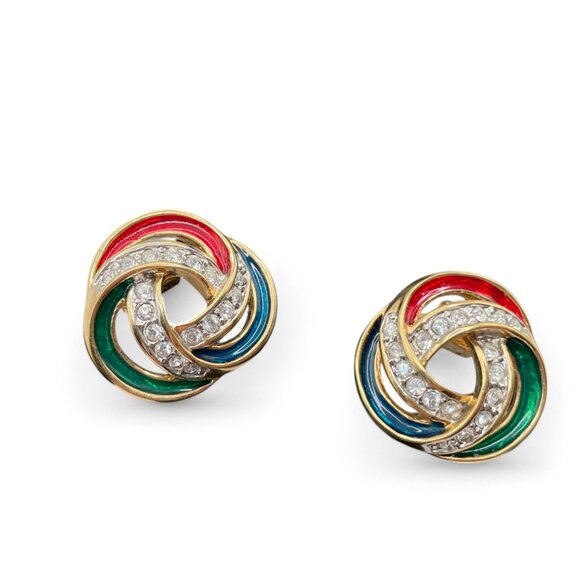 Vintage BUTLER Rhinestone Pave and Enamel Knot Gold Tone Clip on Earrings - Picture 5 of 9
